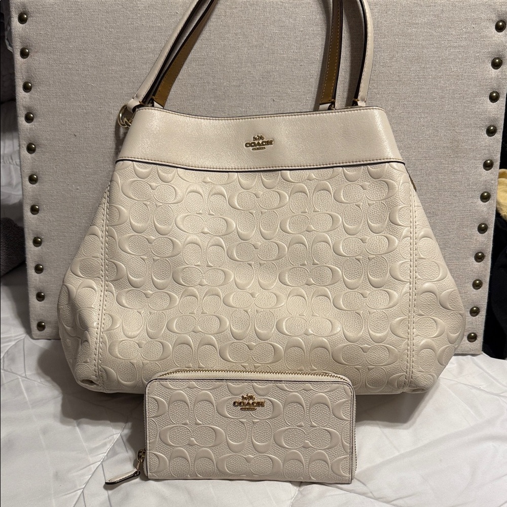 Coach Cream Embossed Shoulder Bag and Wallet